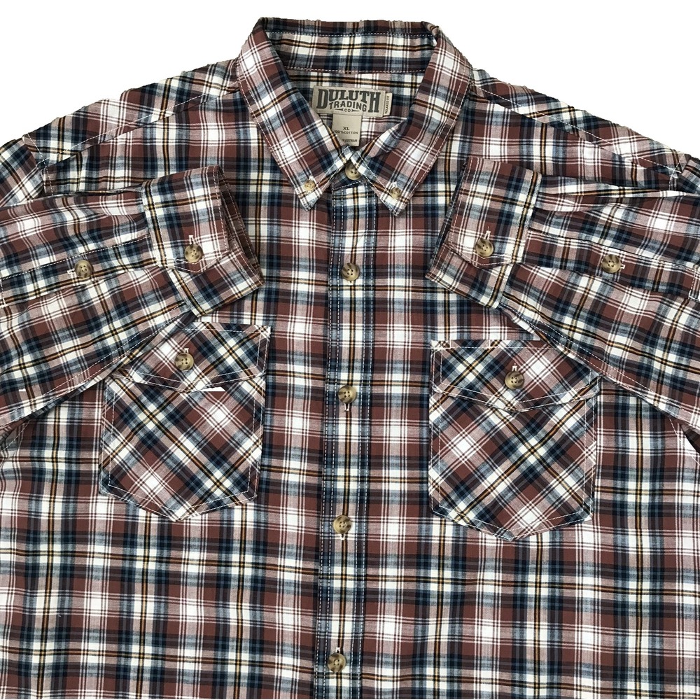 Duluth Trading Button Down Shirt Mens XL Relaxed Fit Brown Plaid Long Sleeve